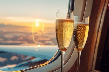 Two champagne glasses stand near airplane window at sunset, offering luxurious travel experience