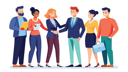 Obraz premium business people group hand shake agreement communicating concept businessmen women team leader meeting male female cartoon character isolated full length horizontal banner flat white background