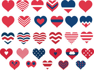 Diverse collection of heart icons in red, white, and blue, featuring various patterns, ideal for patriotic themes, love, romance, Valentine's Day, and national holiday designs

