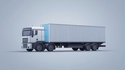 A modern logistics truck, flat vector illustration in 2D side view, clean and minimal style, long cargo container, white and gray color scheme with blue accents, 