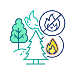 Illustration of trees and fire symbols with a prohibition sign, representing forest fire prevention and safety
