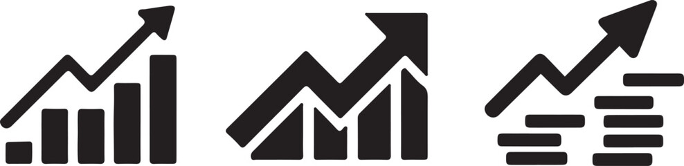 Three bar graph icons with upward arrows, symbolizing financial growth, business success, and market trends, perfect for economic reports, data visualization, and analytical presentations

