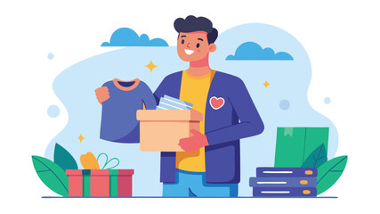 Clothing donation concept with man holding box with clothes. Template for banner or poster design. Vector illustration