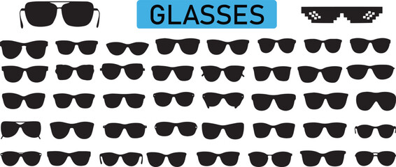 Diverse collection of black silhouette sunglasses and eyeglasses, showcasing various styles and designs, ideal for fashion, summer, optical, and eye care-related graphic design projects

