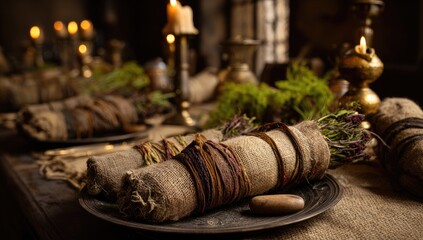 Rustic feast, wrapped herbs on plates