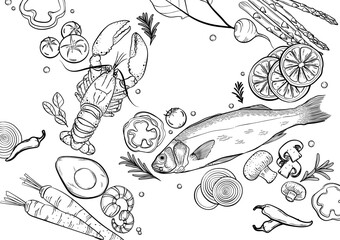 healthy food vegetable and aquatic animal background. hand-drawn vector on white