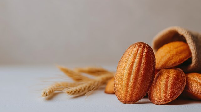A close-up view of golden brown madeleines on a delicate surface featuring their signature shape and tempting texture