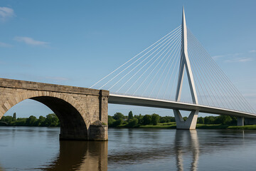 Naklejka premium Explore the modern cable stayed bridge and historic stone arch bridge over the river in france today