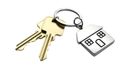 Two gold house keys attached to a silver house shaped keychain isolated on a transparent background