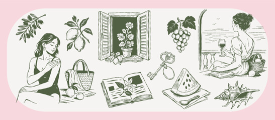 Collection of hand-drawn vintage summer elements: wine, lemons, shell, window, book, key, watermelon, picnic basket, flowers, grapes, sea view. Mediterranean vacation theme illustration set