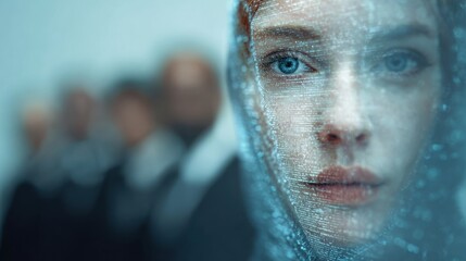 Mysterious Woman's Face Obscured by Digital Data Stream, Futuristic Portrait