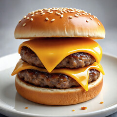A mouth watering double cheeseburger with two patties and two slices of melted cheese nestled in a sesame seed bun is presented on a white plate