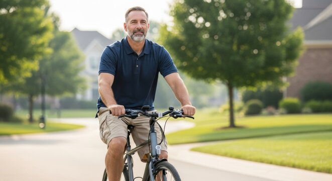 Mature Man Enjoying a Peaceful Bike Ride Through a Suburban Neighborhood on a Sunny Day