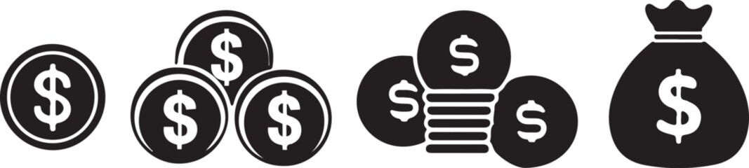 Minimalist black and white dollar coin icons and a money bag, representing finance, savings, investment, and wealth, perfect for banking, economic, and business-themed graphic designs

