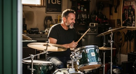 Passionate Middle-Aged Drummer Playing Drums in Garage Studio