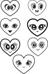 Set of charming heart-shaped cartoon faces with expressive eyes and smiles, perfect for cute designs, Valentine's Day, children's products, and playful emotional illustrations

