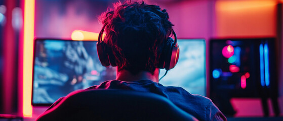 A gamer wearing headphones playing video games on a computer with brightly colored lights. Suitable for articles about cyber sports and entertainment.