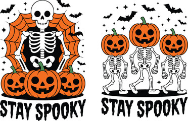 Halloween Skeletons with Pumpkins, Bats, Spiderweb, and Stars Stay Spooky Design Illustrations