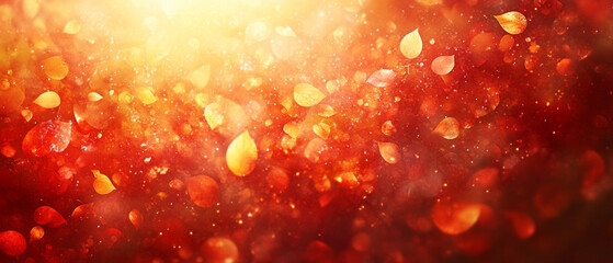 Abstract background with red and yellow sequins and petals. Suitable for invitation design and decoration of festive events.