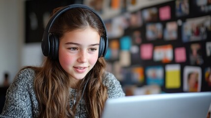 Girl in headphones looking into the screen of a laptop, home environment. Educational materials, advertisements of online courses, articles about distance learning.