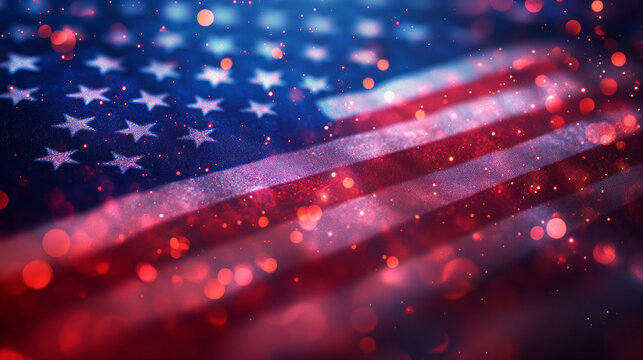 American flag with glitter and blurred background. Perfect for patriotic events and holiday publications.
