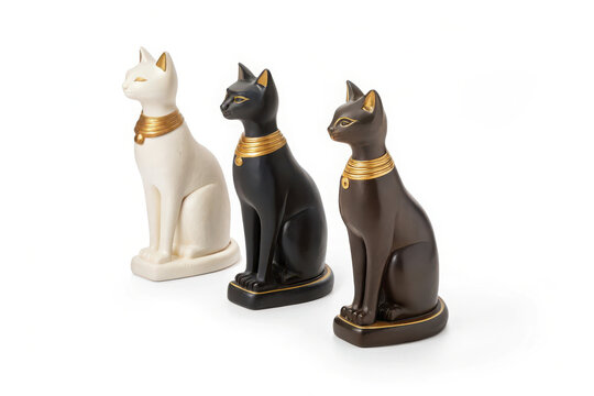 Three egyptian cat statues bastet goddess of home and cats white black brown