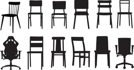 Diverse set of black chair silhouettes, featuring various styles from classic dining to modern office and gaming chairs, perfect for interior design, furniture, and architectural projects

