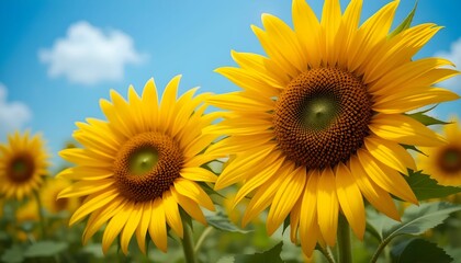 Bright yellow sunflowers in full bloom, blue sky background, hyper-detailed natural summer floral scene.