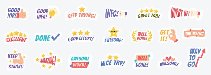 Colorful motivational sticker set with positive messages and cartoon elements for encouragement and daily planner