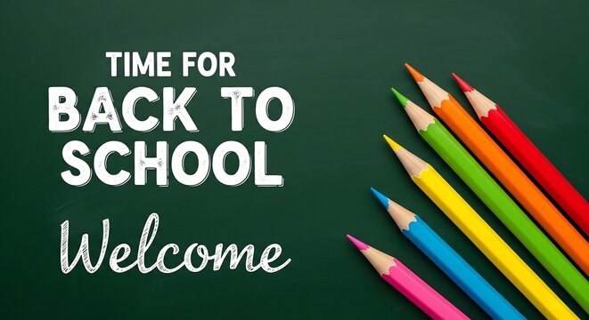 Back to school welcome student learning education pencils colorful supplies green chalkboard background 2024