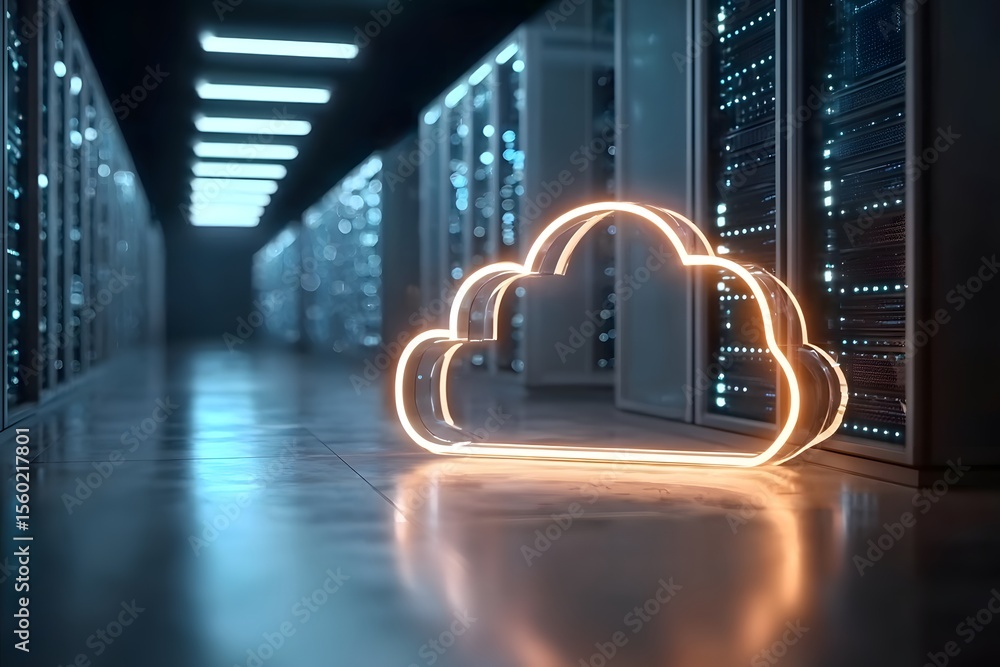 Poster 3d rendering of a glowing cloud icon on a data center with virtual clouds in the background, close-u