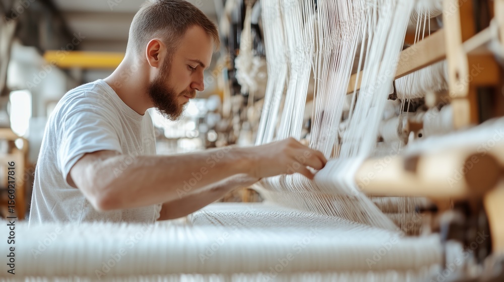 Poster weaving artist focuses on intricate textile creation in a busy workshop environment
