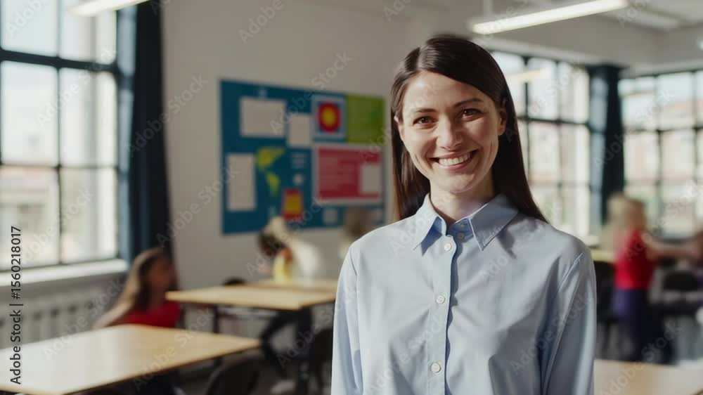 Poster female educator warmly smiling while standing in elementary classroom, young learners playfully inte