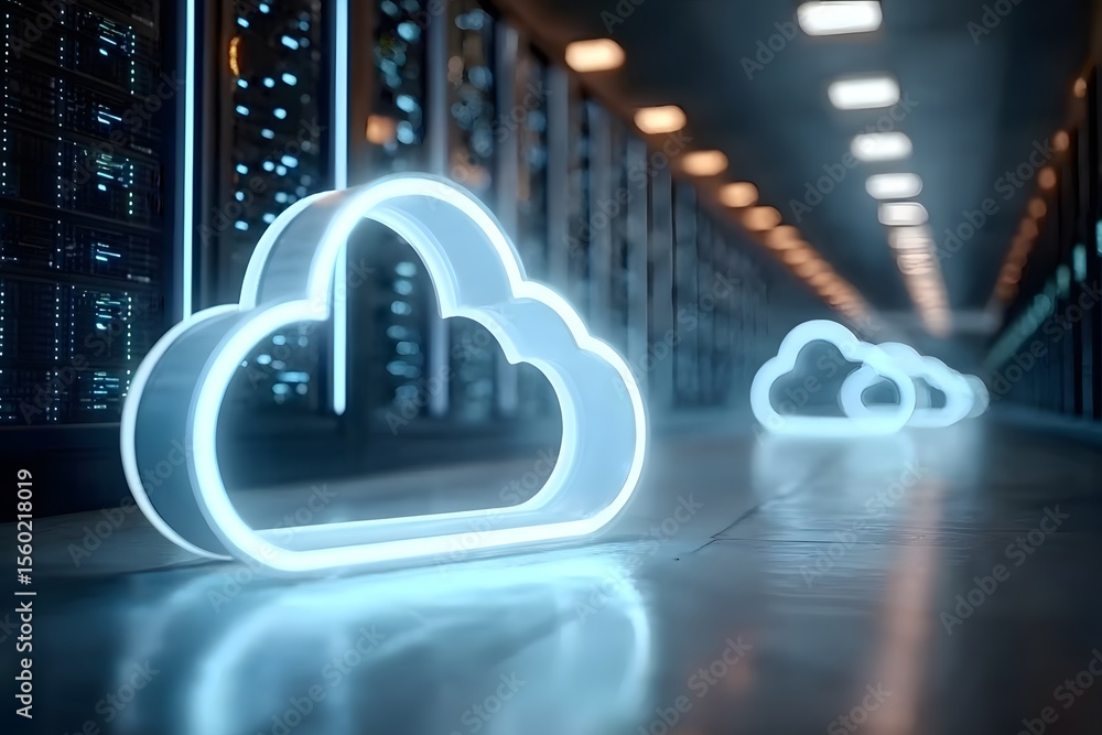 Poster 3d rendering of a glowing cloud icon on a data center with virtual clouds in the background, close-u