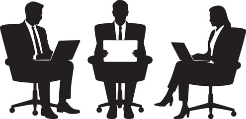Business people silhouettes working at office desks with laptops vector illustration