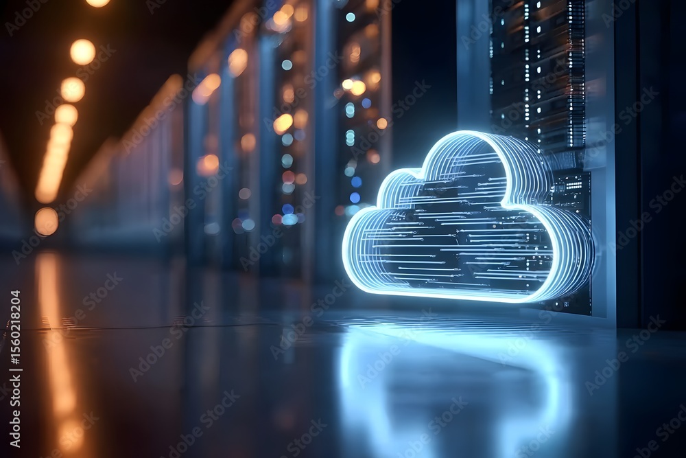 Poster 3d rendering of a glowing cloud icon on a data center with virtual clouds in the background, close-u