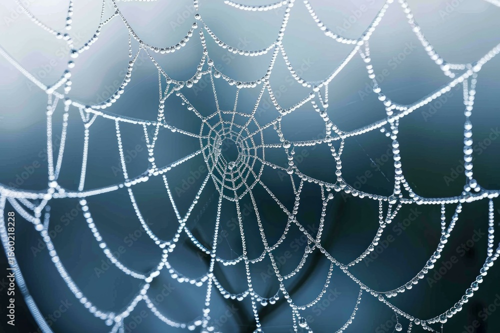 Poster close up of sparkling dew drops clinging to the intricate threads of a spiderweb, creating a beautif