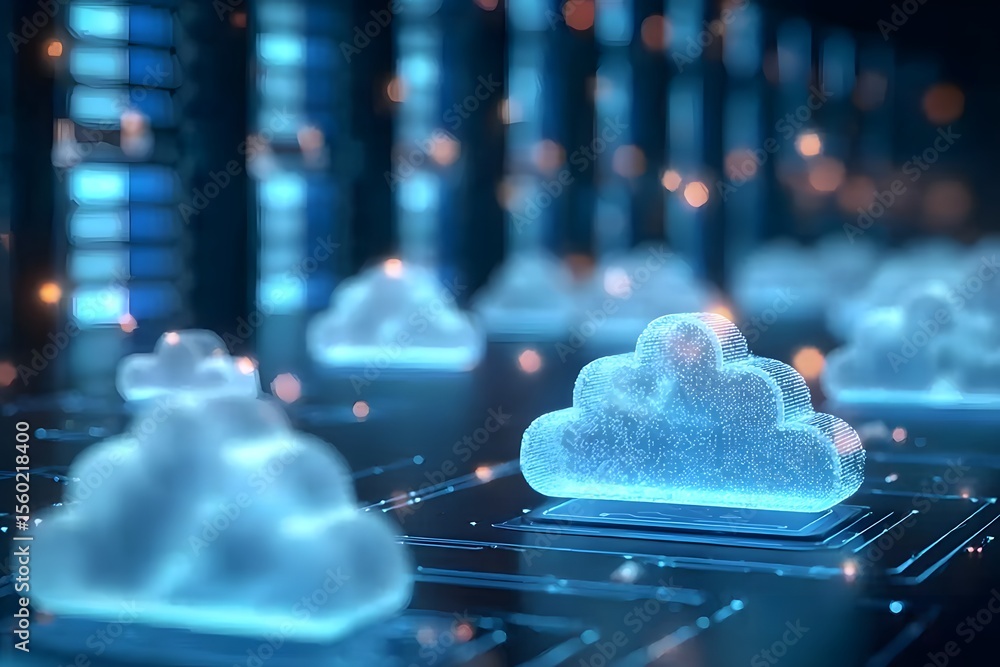 Poster 3d rendering of a glowing cloud icon on a data center with virtual clouds in the background, close-u