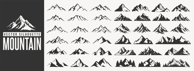 Vector mountain silhouette, forest hill peak line art and nature background idea collection for summer or winter camping, hiking and travel business. Mountain icon and logo pattern with christmas tree