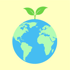 Solid pastel vector of the Earth globe with a small plant sprouting from the top