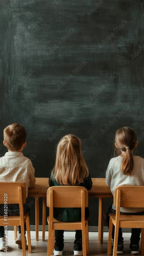 Poster elementary school students sitting at wooden desks in a classroom, focusing on an empty blackboard, 