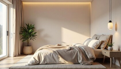 Serene Minimalist Bedroom Soft Lighting, Plush Bedding, and Calming Decor for Peaceful Sleep and Relaxation