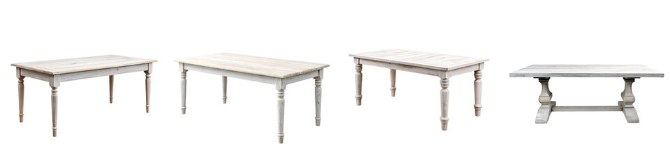 Set of Four Rustic White Wooden Tables on White Background