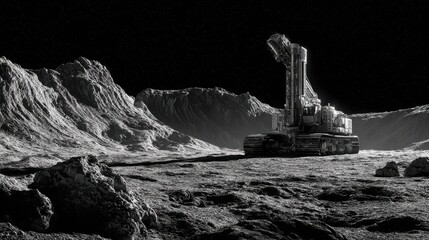 Autonomous space drill digging into rocky moon terrain, dark sky, no astronauts.