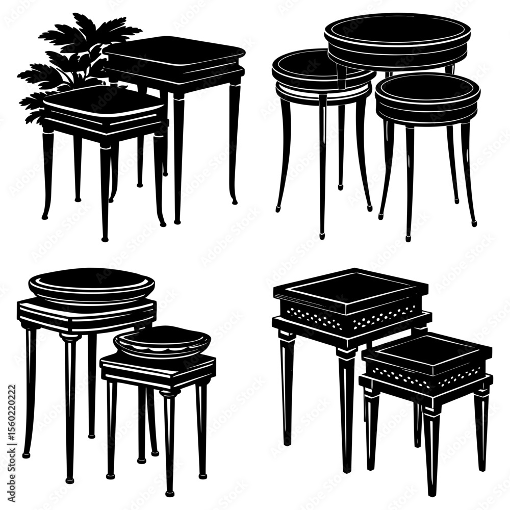 Poster assortment of decorative tables in varying shapes and sizes displayed in a monochrome illustration