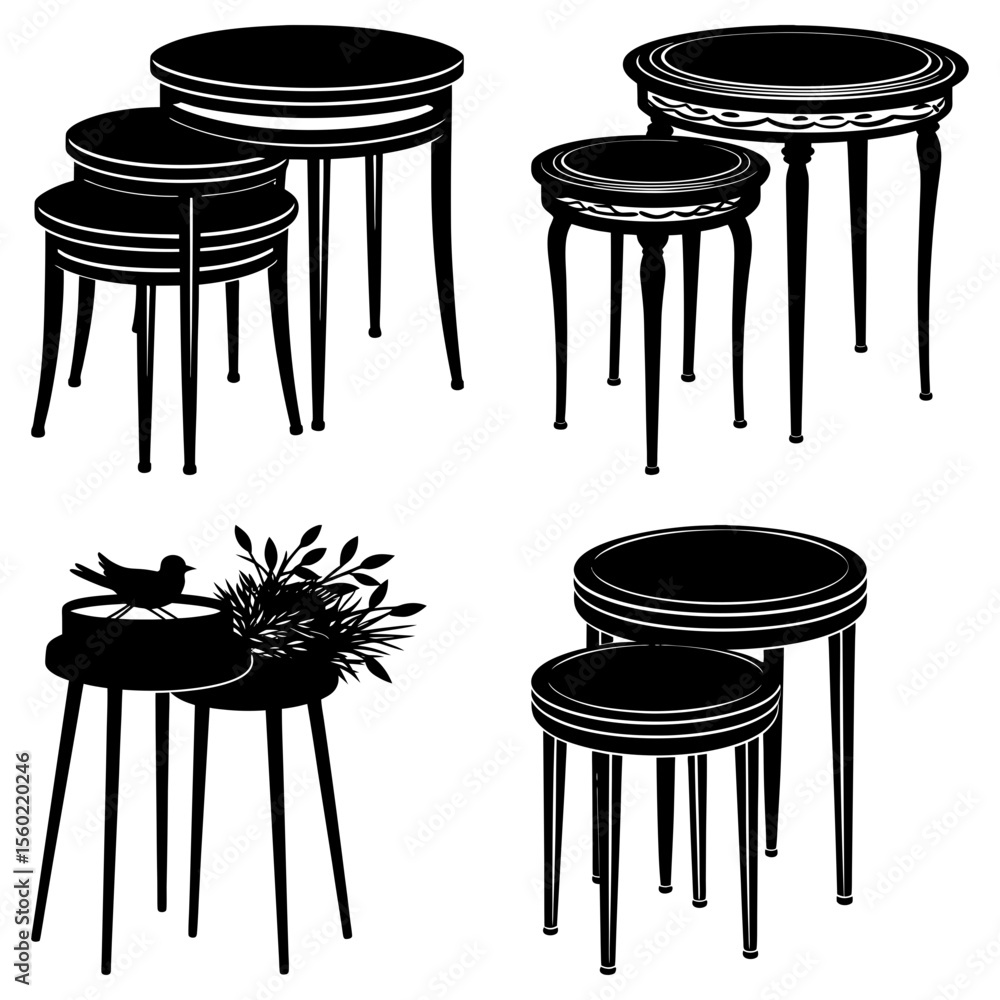 Poster four sets of nesting tables in black and white with varying designs and decorative elements shown