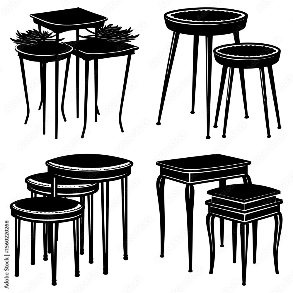 Aufkleber illustration of various styles of small tables in silhouette with different shapes and arrangements