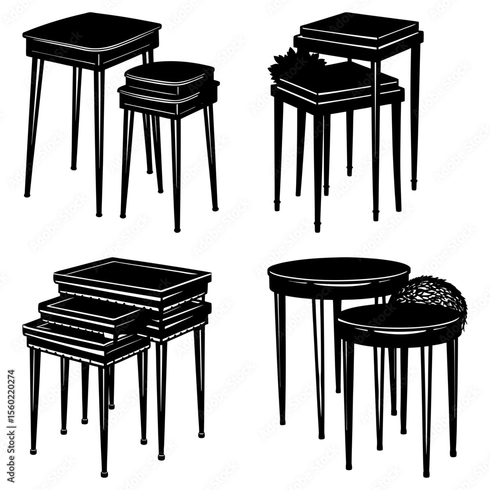 Poster illustration of four sets of nesting tables with varying shapes and designs in black and white style
