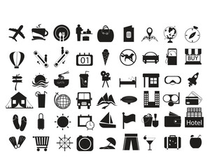 Black silhouette travel and tourism icon collection, including airplane, suitcase, hotel, beach, map, cocktail, camera, camping, shopping, and adventure symbols. Great for vacation and holiday project