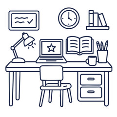 Modern workspace featuring desk, laptop, lamp, clock, books, and stationery, creating productive